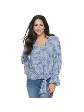 Juicy Couture Blue Tie Dye Long Puffy Sleeve V Neck Blouse with Tie at Hip - XS